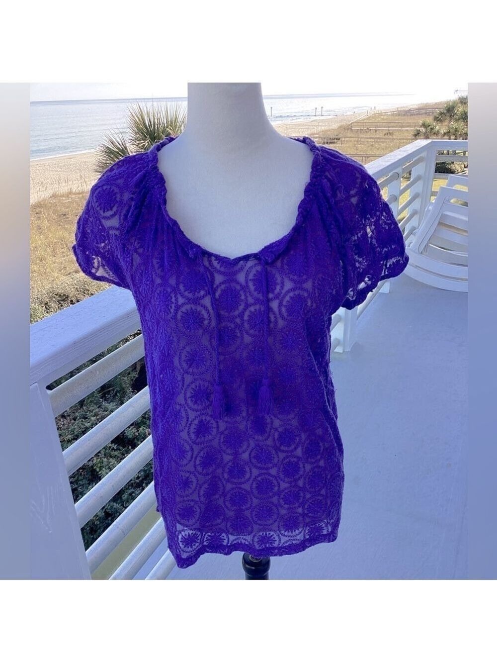 Purple Chico’s embroidered semi-sheer top